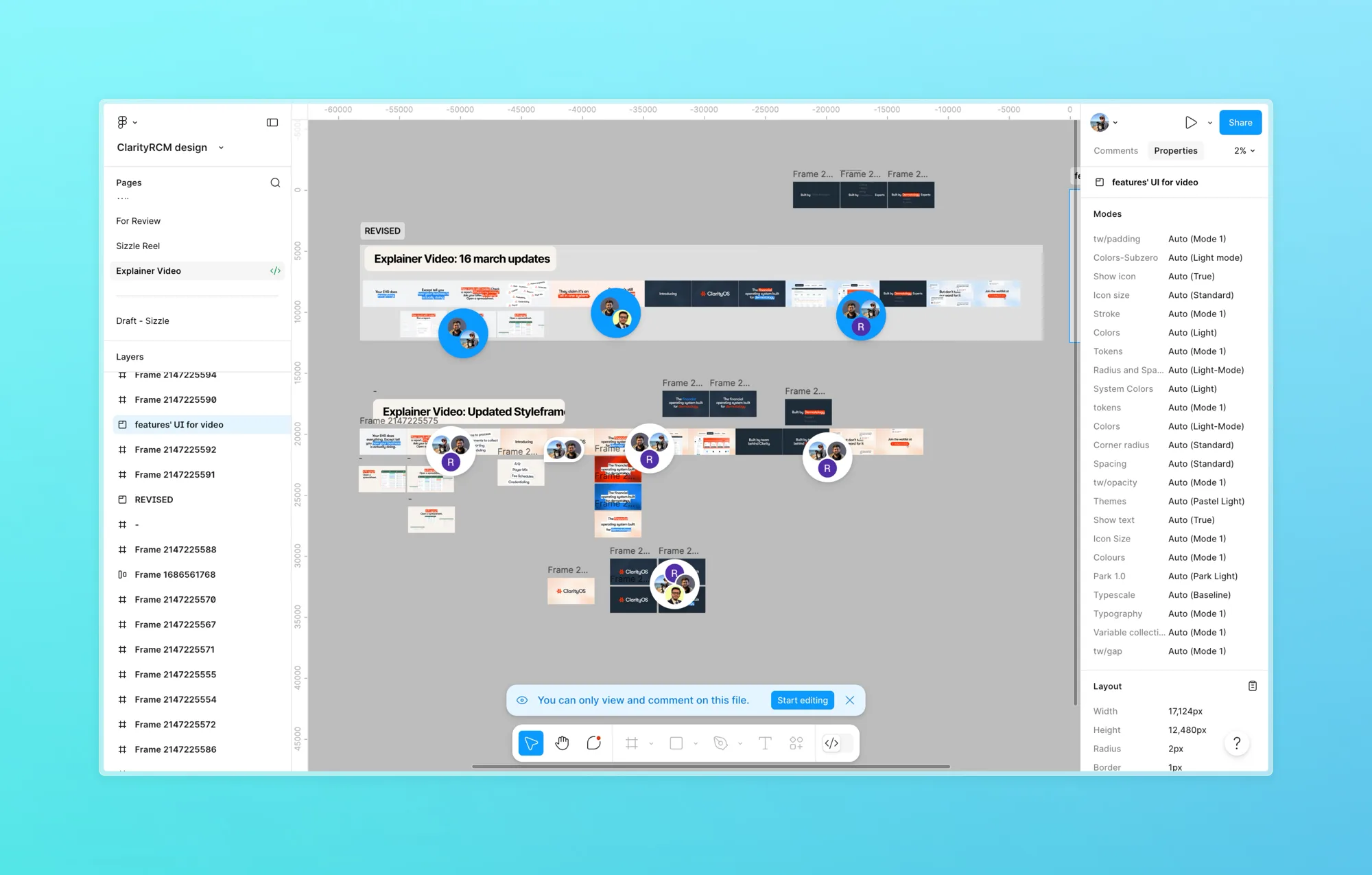 The storyboard in Figma: rows of revised frames from the March 16 update, with collaborator cursors mid-review across the act structure